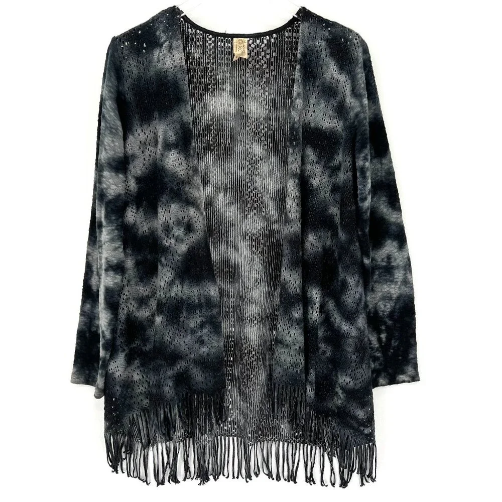 XCVI Tie-Dye Open Front Knit Cardigan Size Medium Crochet Boho Fringe Gray‎